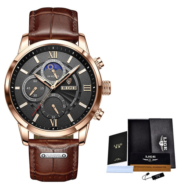 LIGE Men's Watches Top Brand Luxury Men Wrist Watch Leather Quartz Watch Sports Waterproof Male Clock Relogio Masculino+Box