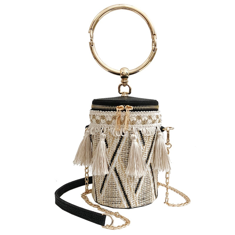 Summer Fashion New Handbag High quality Straw bag Women bag Round Tote bag Hand Metal Ring Tassel Chain Shoulder Travel bag