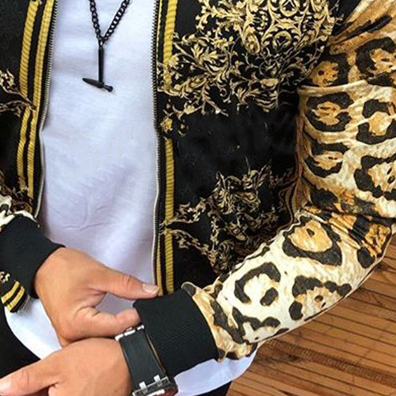 Men New 2021 Print Slim-Fitting Leopard Print Crew-Neck Casual Jacket Coat Male Cross-Border European And American Men's Autumn
