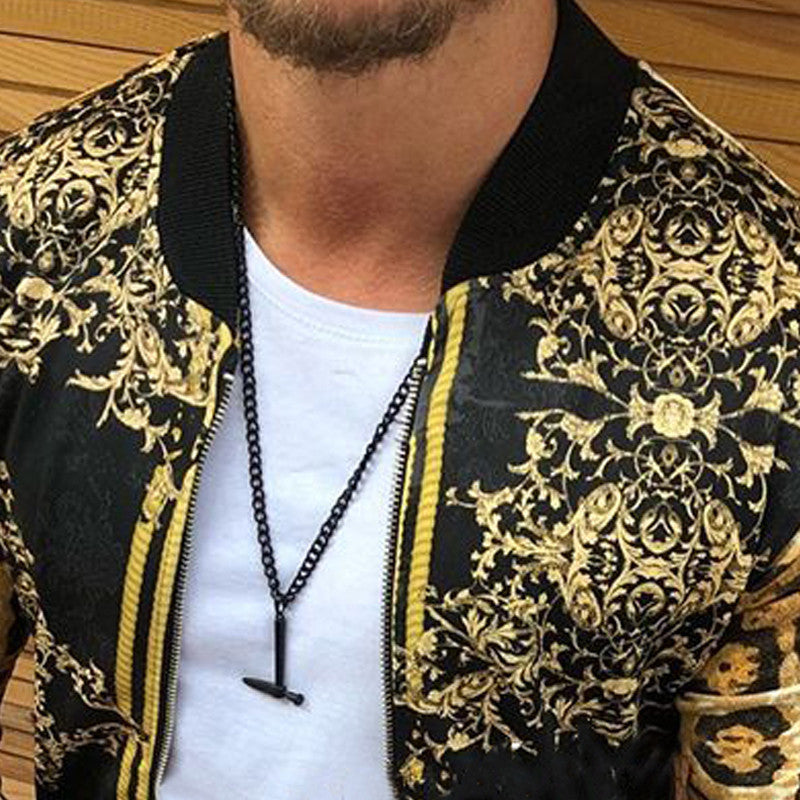 Men New 2021 Print Slim-Fitting Leopard Print Crew-Neck Casual Jacket Coat Male Cross-Border European And American Men's Autumn