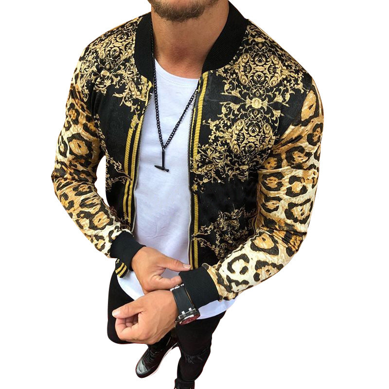 Men New 2021 Print Slim-Fitting Leopard Print Crew-Neck Casual Jacket Coat Male Cross-Border European And American Men's Autumn