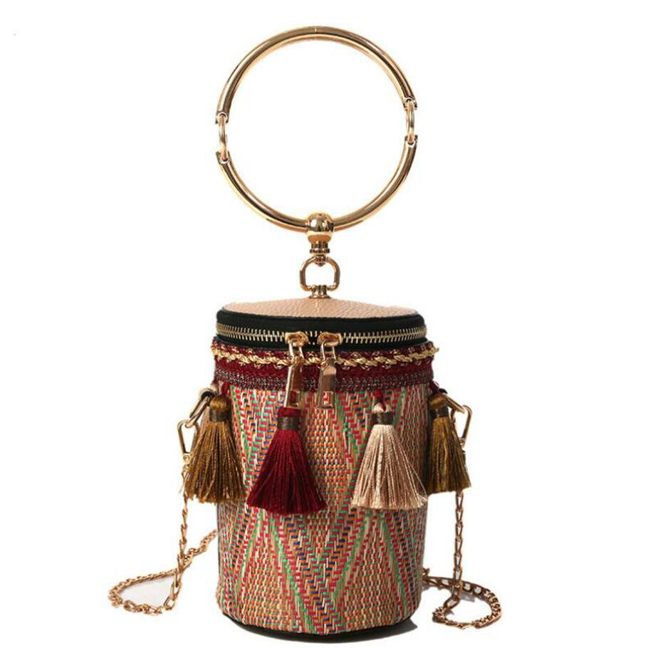Summer Fashion New Handbag High quality Straw bag Women bag Round Tote bag Hand Metal Ring Tassel Chain Shoulder Travel bag