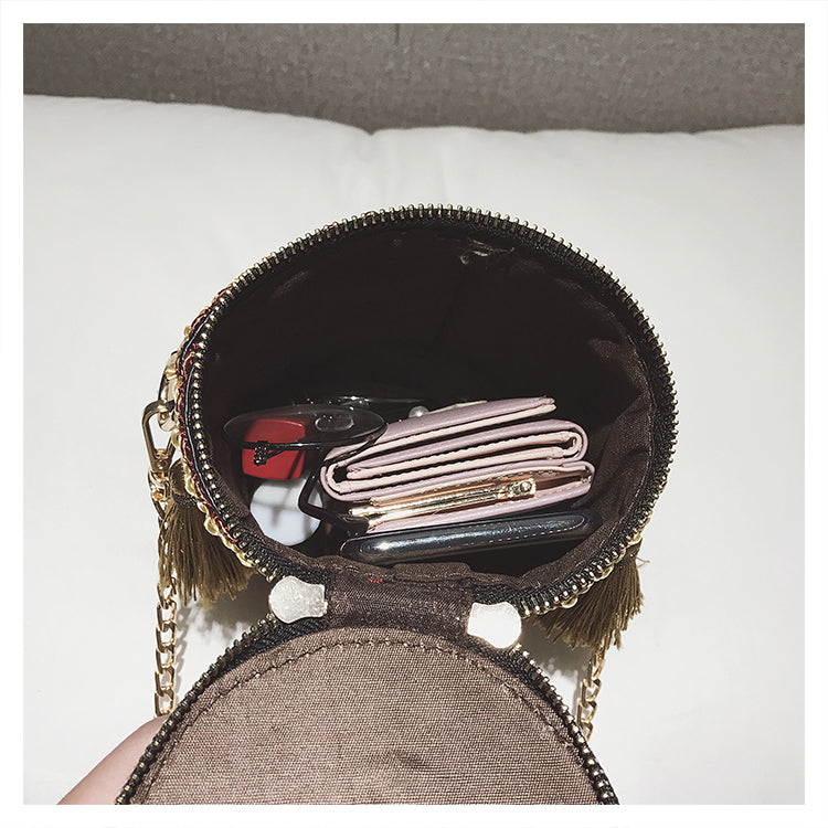 Summer Fashion New Handbag High quality Straw bag Women bag Round Tote bag Hand Metal Ring Tassel Chain Shoulder Travel bag