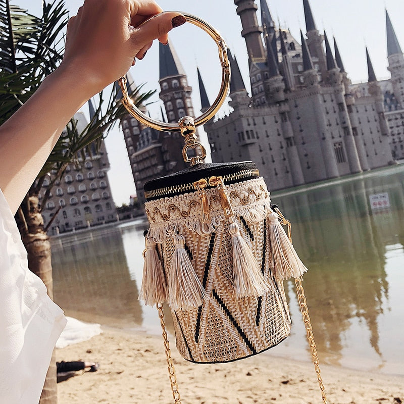 Summer Fashion New Handbag High quality Straw bag Women bag Round Tote bag Hand Metal Ring Tassel Chain Shoulder Travel bag