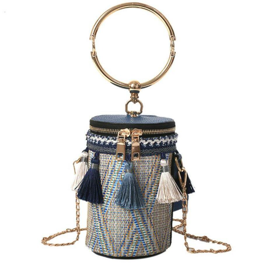 Summer Fashion New Handbag High quality Straw bag Women bag Round Tote bag Hand Metal Ring Tassel Chain Shoulder Travel bag